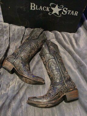 Black Star Zavala Black Vintage Country Western Boots Size 7.5 Like New